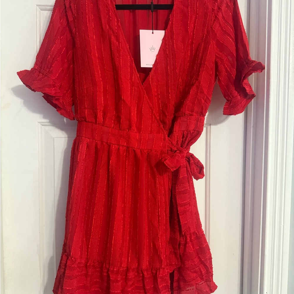 Women's Red Wrap Mini Dress with Tie Waist - Picture 3 of 5